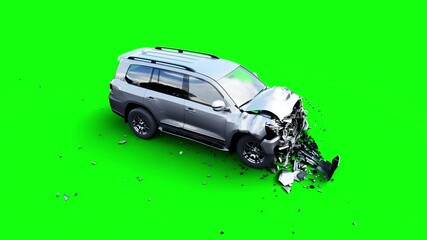 Wall Mural - generic 3d car crash test. car destruction. green screen isolate.