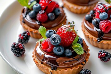 Poster - Elegant pastries topped with rich chocolate and fresh berries arranged beautifully for a delightful dessert experience Generative AI