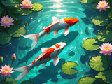 A stunning hyperrealistic digital painting of two koi fish swimming gracefully in a crystal-clear pond.