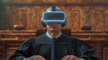 Poster - Judge using virtual reality technology in courtroom for innovative trial process