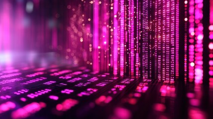 Wall Mural - abstract digital data stream with pink and purple vertical lines and bokeh