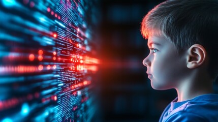 Fototapete - Child gazes intently at digital data stream in a futuristic environment