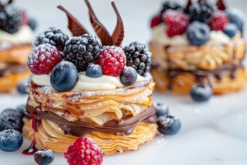 Poster - Delicious pastries decorated with chocolate and fresh berries arranged elegantly on a dessert table Generative AI