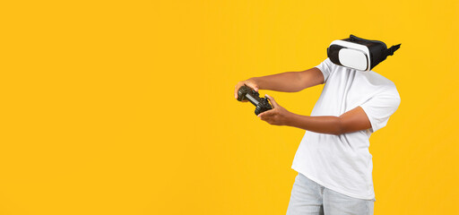 Poster - A person participates in a virtual reality activity, wearing a modern headset while holding a game controller. The background is bright yellow, enhancing the immersive experience.