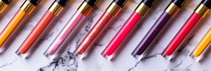 Poster - Colorful tubes of lip gloss and lipstick arranged elegantly on a marble surface showcasing rich shades and vibrant hues Generative AI