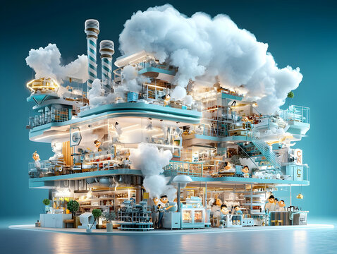 Whimsical Teal City Building Floating Among Clouds