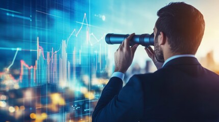 Aufkleber - Businessman looking through telescope at financial data