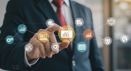 Poster - Digital hand touch presses social network icon on virtual screen