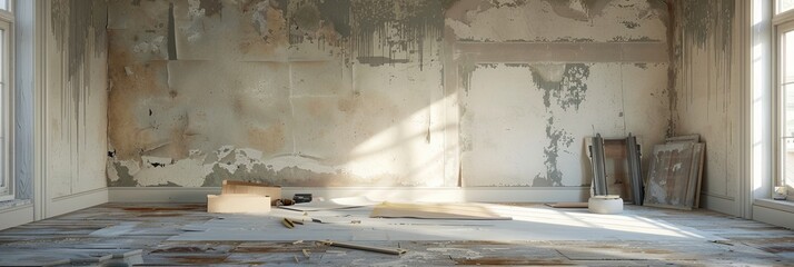 Aufkleber - Empty room undergoing renovation with stripped wallpaper and scattered tools, showcasing early transformation stages Generative AI