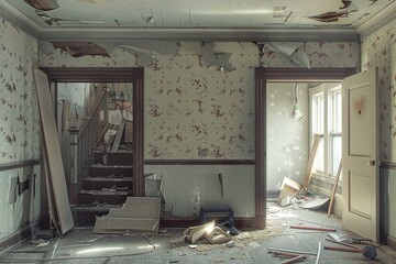 Aufkleber - Renovation in progress with empty room showing removed wallpaper, exposed plaster, and scattered tools creating a transformative atmosphere Generative AI