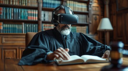 Poster - Judge engages in virtual reality trial in a traditional courtroom setting