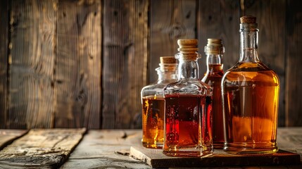 Poster - Vintage bottles of strong alcohol on a rustic wooden table for distillery and beverage advertising Generative AI