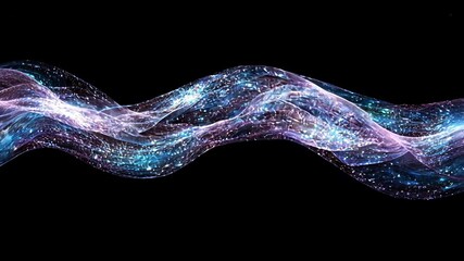 Poster - Abstract glowing wave with particles on black background.