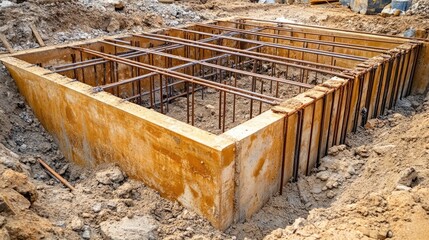 Poster - A large hole dug for the foundation of a new building, with steel support bars in place.