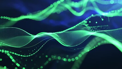 Poster - Abstract green and blue particle wave background.