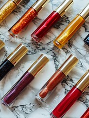 Poster - Colorful lip gloss and lipstick tubes elegantly displayed on a marble surface for a vibrant beauty look Generative AI