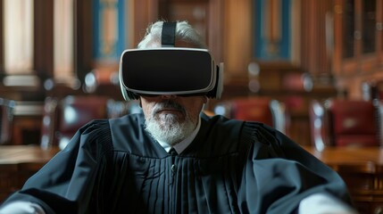 Poster - Virtual reality trial simulation in a judicial setting with a judge wearing VR headset