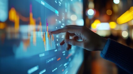 Aufkleber - Person interacting with touchscreen display showing financial data at night