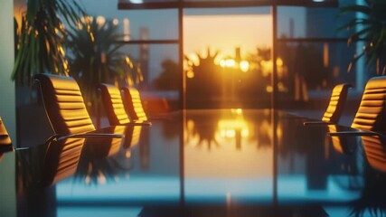 Poster - Warm golden sunset rays bathing empty leather chairs surrounding expansive conference table, casting luminous reflections of urban skyline through sleek glass windows