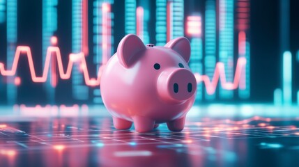 Poster - Piggy bank in front of stock market data display. Possible use Financial concept illustration
