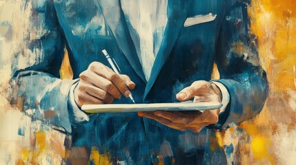 Poster - Businessman signing digital tablet, vibrant abstract background