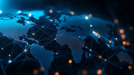 Poster - A captivating digital representation of a connected world, showcasing a network of glowing nodes and lines across a globe, symbolizing global communication and interconnectivity.