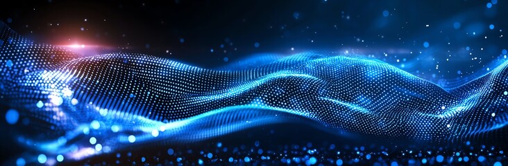 Poster - A captivating digital landscape showcasing vibrant blue waves of light and particles, symbolizing data flow and modern technological advancements in a futuristic setting.
