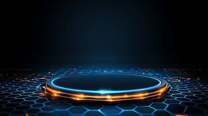 Poster - a futuristic digital platform illuminated with glowing blue and orange lights. this high-tech backgr
