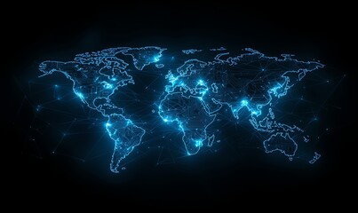 Poster - a futuristic digital world map illuminated in bright blue lines, showcasing global connectivity and 