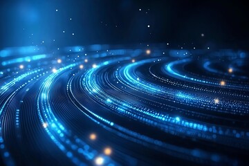 Poster - A mesmerizing digital background featuring dynamic waves of glowing blue lines and particles, perfect for illustrating modern technology, data flow, or futuristic themes.