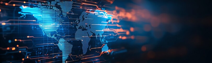 Poster - A mesmerizing digital representation of a world map illuminated by neon lines, illustrating global connectivity and technological advancement in our modern age.