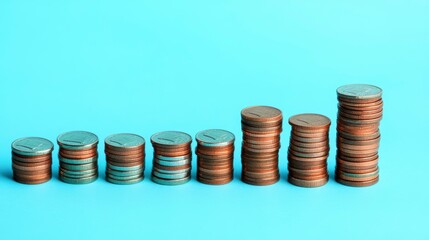 Fototapete - Stacked coins showing growth, blue background. Possible stock photo for finance, business