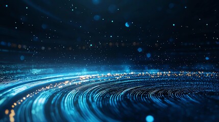Poster - A stunning digital abstract showing glowing blue waves and particles against a dark background. Ideal for illustrating innovation, science, or futuristic themes.