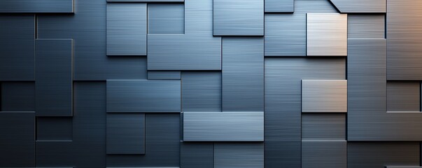 Poster - A textured wall featuring a geometric pattern of overlapping metal panels in shades of blue and gray, perfect for backgrounds or design elements in various projects.