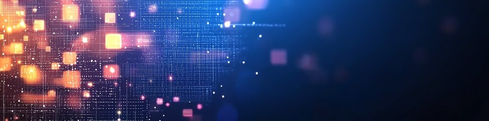 Poster - A vibrant digital abstract background displaying glowing squares and pixels, symbolizing technology, innovation, and data connectivity in a modern world.