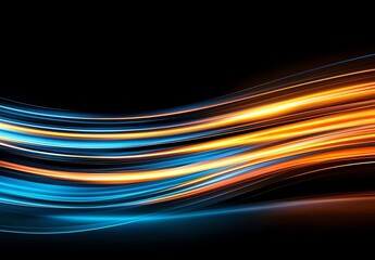Poster - A vibrant wave of blue and orange light flows gracefully across a black background, creating an energetic and dynamic visual. Perfect for backgrounds, designs, or digital art.