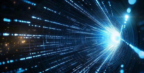 Poster - A vibrant illustration of light beams converging towards a luminous center, symbolizing advanced technology and futuristic concepts in a digital universe.