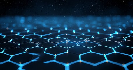 Poster - a visually striking close-up of a futuristic hexagonal grid illuminated by bright blue lights, showc
