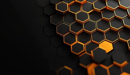 Poster - A visually striking close-up of a hexagonal pattern featuring shades of black and vibrant orange. Perfect for backgrounds, digital designs, and modern tech themes.