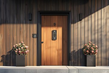 Poster - Modern entryway features smart lock and video doorbell for enhanced home security and convenience Generative AI