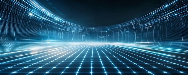 Poster - An abstract, futuristic setting with a glowing grid that creates a sense of depth and motion. Ideal for digital art, presentations, and technology-themed projects.