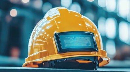 Poster - A smart hard hat with digital display resting on a workbench.