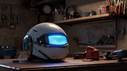 Poster - A smart hard hat with digital display resting on a workbench.