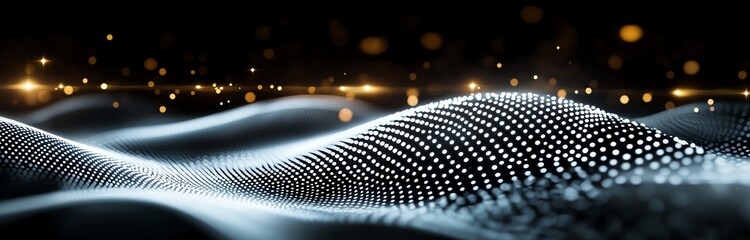 Aufkleber - An abstract representation of flowing waves composed of glowing dots against a dark backdrop, creating a dynamic and visually captivating digital landscape.