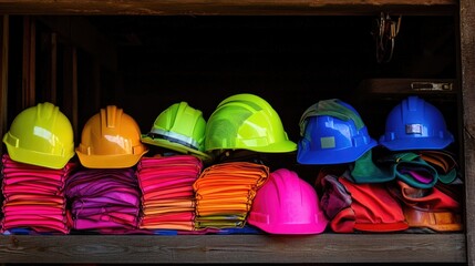 Poster - A stack of high-visibility safety vests and helmets neatly arranged on a wooden surface.