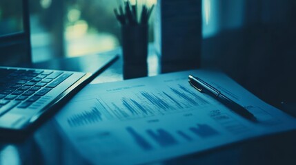 Poster - Business documents on desk, laptop, charts, graphs, workplace, for presentations