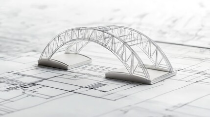 Poster - A technical sketch of a futuristic bridge project on a crisp white blueprint.