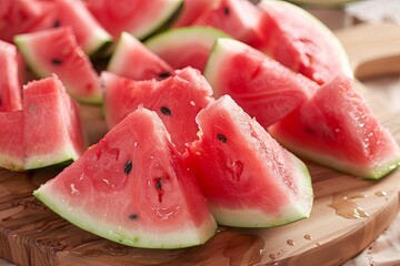 Aufkleber - Freshly cut watermelon slices on a wooden cutting board with summer vibes and natural lighting Generative AI