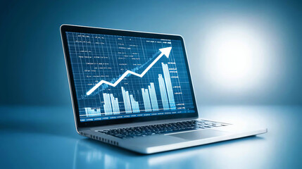 Poster - laptop displaying stock market graph with financial data, showcasing upward trend. blue background adds modern touch to financial analysis