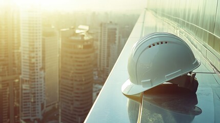 Poster - A white hard hat reflecting sunlight, placed on a high-rise balcony edge.